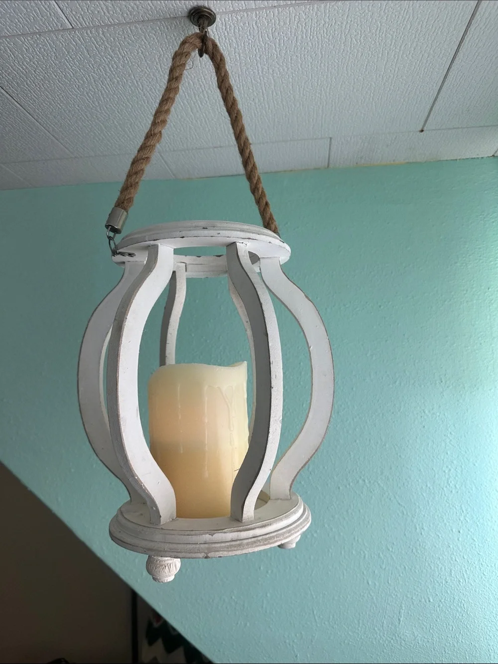 Charming Shabby Chic Distressed White Wooden Hanging Lantern with LED Candle